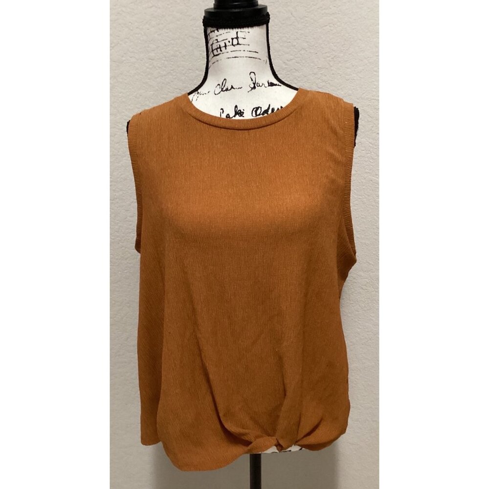 Sleeveless Rust Orange Knit Top With Front Twist Detail Size L